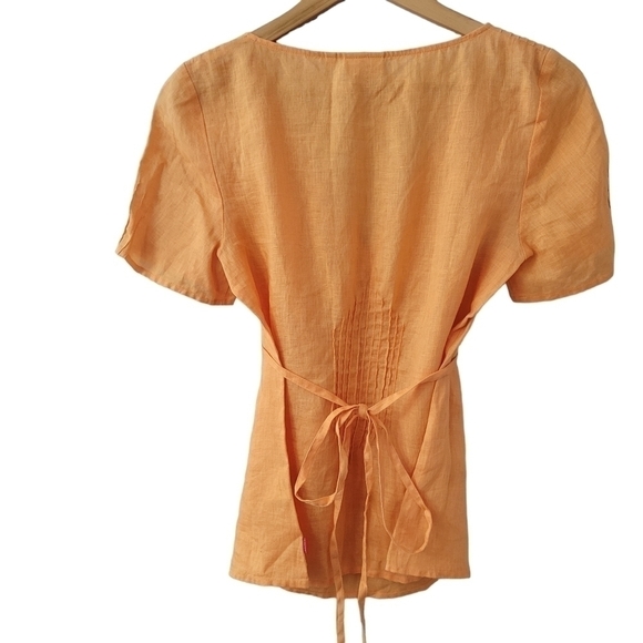 Linen SS Tie Waist Blouse Orange Light Pleated V-Neck Tunic SZ 2 - Picture 3 of 9